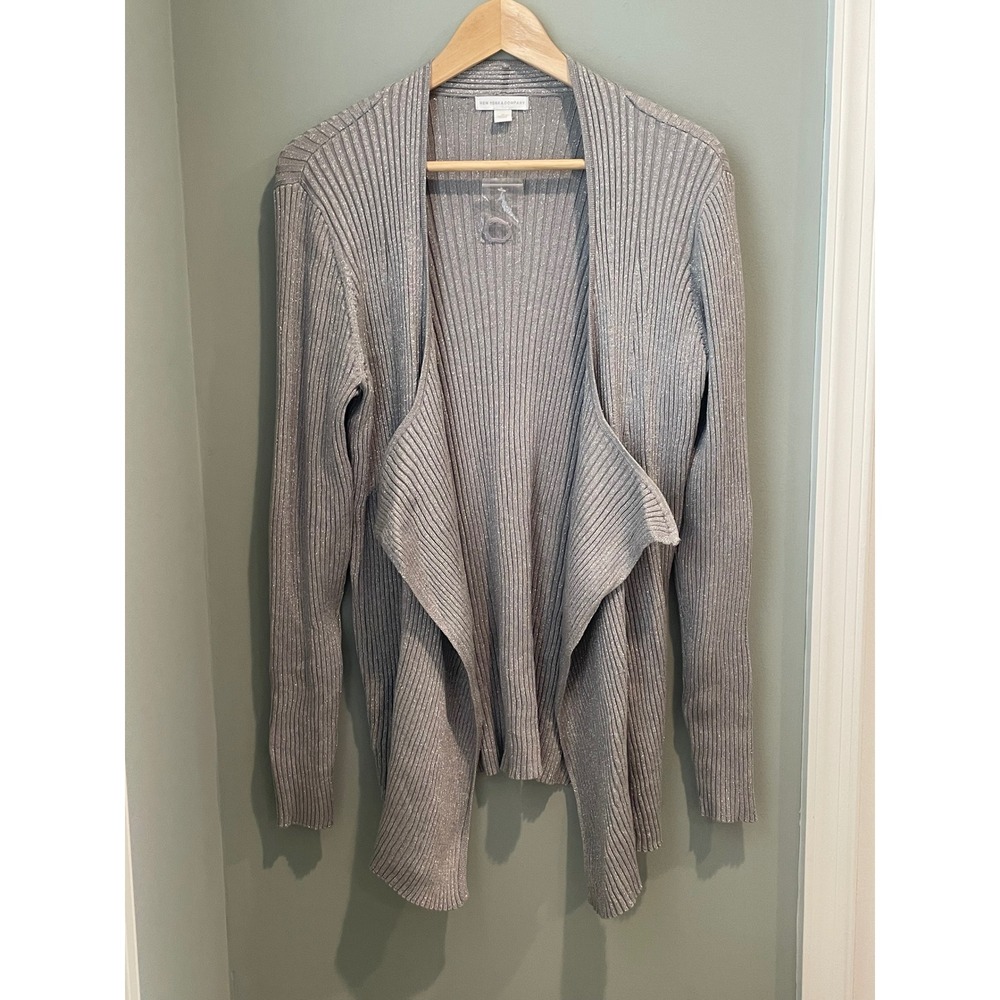 NEW YORK &‎ COMPANY Silver Metallic Ribbed Draped Cardigan Sweater XL New